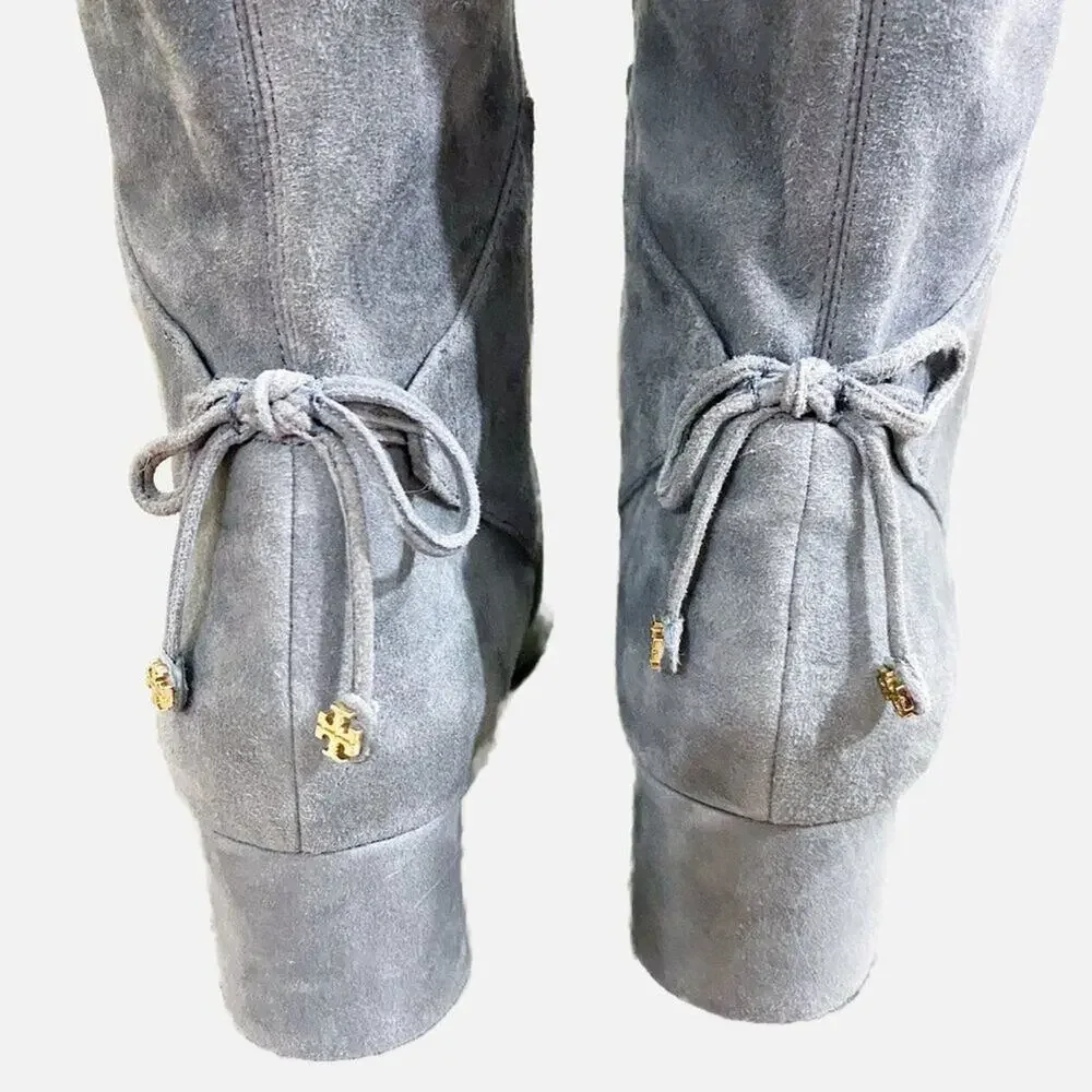 NWOB Tory Burch Gray Suede Over the Knee Boots Women's Sz 7 Side Zip Bow Detail